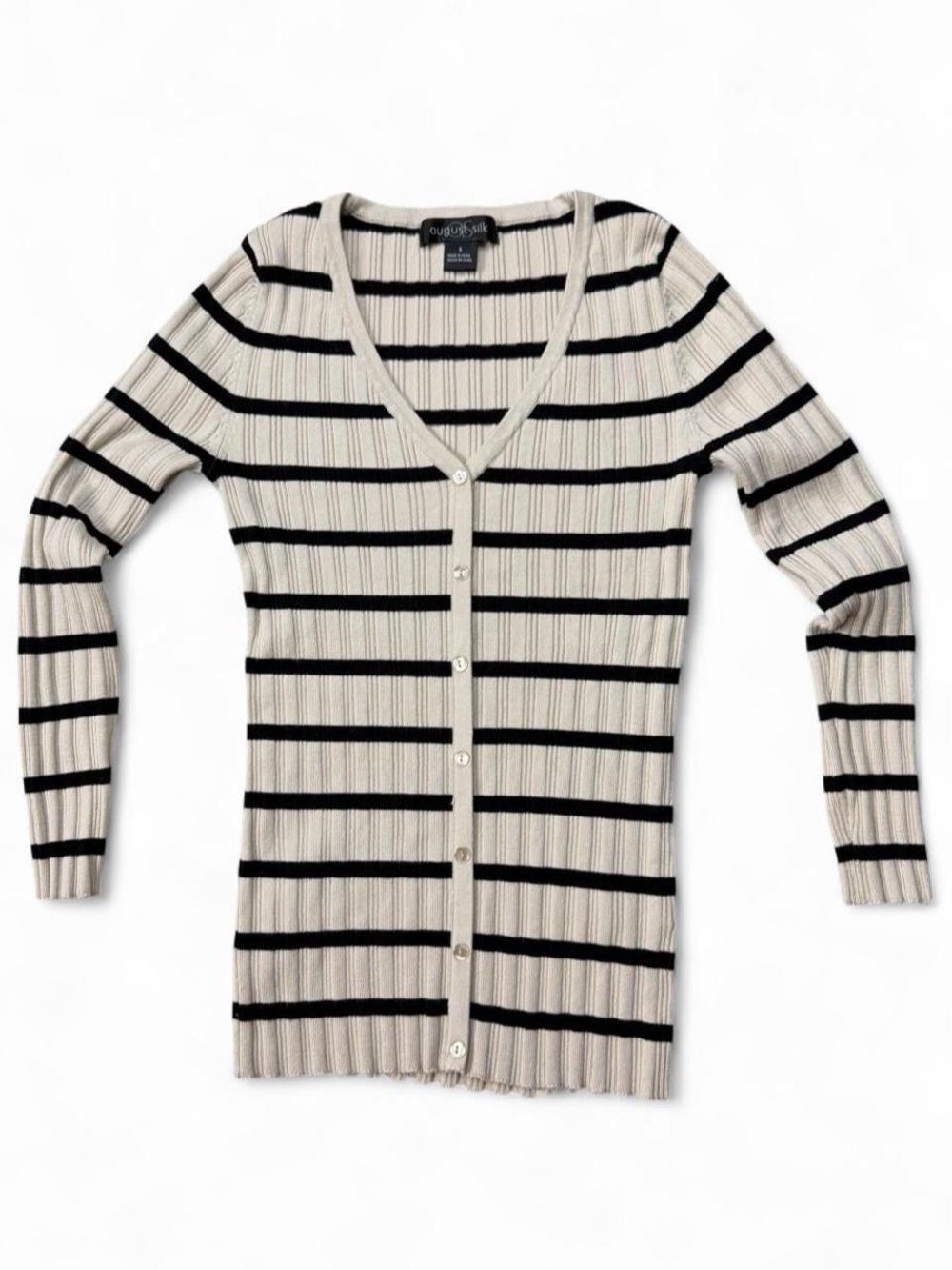 August Silk Cardigan Sweater S Striped Ribbed V Neck